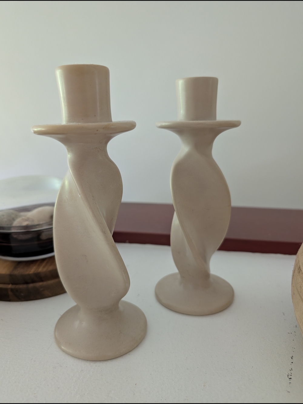 Neutral Beige Ivory Besmo Kenyan Twisted Ceramic Candle Holders - Set of 2